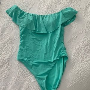 Trina Turk turquoise ruffle top sleeve one piece swimsuit size 10 US